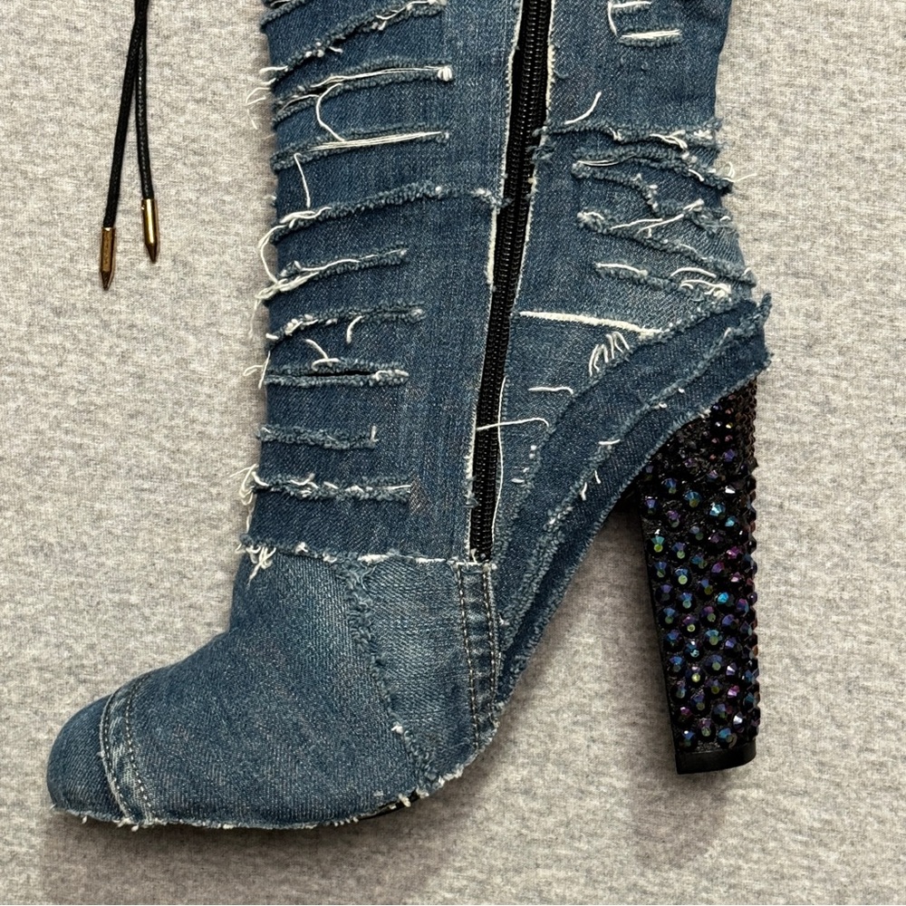 Distressed Levi Denim Thigh High Stiletto Rhinestone Boots Sz 10 Punk Y2K Grunge - Picture 13 of 14
